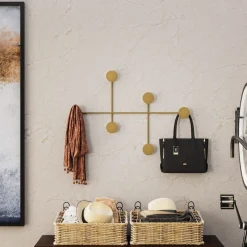 Appendiabiti da parete in metallo 6 ganci oro 82x60x10cm