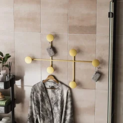 Appendiabiti da parete in metallo 6 ganci oro 82x60x10cm