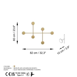 Appendiabiti da parete in metallo 6 ganci oro 82x60x10cm