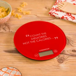 Bilancia da cucina digitale rossa tonda con scritta