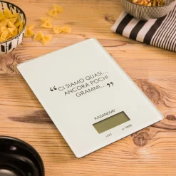 Bilancia da cucina digitale bianca rettangolare con scritta