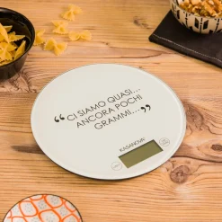 Bilancia da cucina digitale bianca tonda con scritta