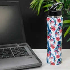 Bottiglia termica 500 ml con cannuccia fiori tropicali in acciaio