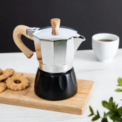 Caffettiera 3 tazze argento e nera in lega di alluminio