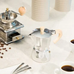 Caffettiera 3 tazze con manico effetto legno