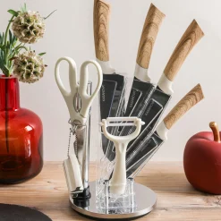 Ceppo con 4 coltelli, pelaverdure, forbici e affilacoltelli effetto legno