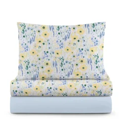 Completo letto 1  piazza e mezza azzurro fiori gialli cotone