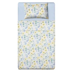 Completo letto 1  piazza e mezza azzurro fiori gialli cotone
