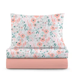 Completo letto 1  piazza e mezza fiori corallo cotone