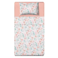 Completo letto 1  piazza e mezza fiori corallo cotone
