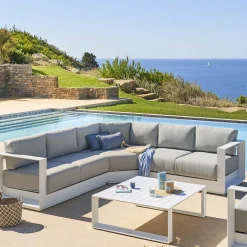 Divano angolare giardino 5 posti con tavolino Allure bianco grigio