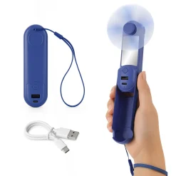 Miniventilatore blu con specchio, power bank e torcia