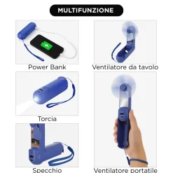 Miniventilatore blu con specchio, power bank e torcia