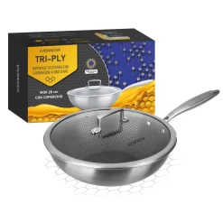 Wok 28 cm con coperchio a 3 strati Tri - ply