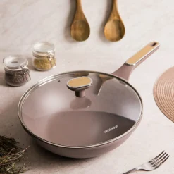 Wok antiaderente 28 cm Taupe con coperchio